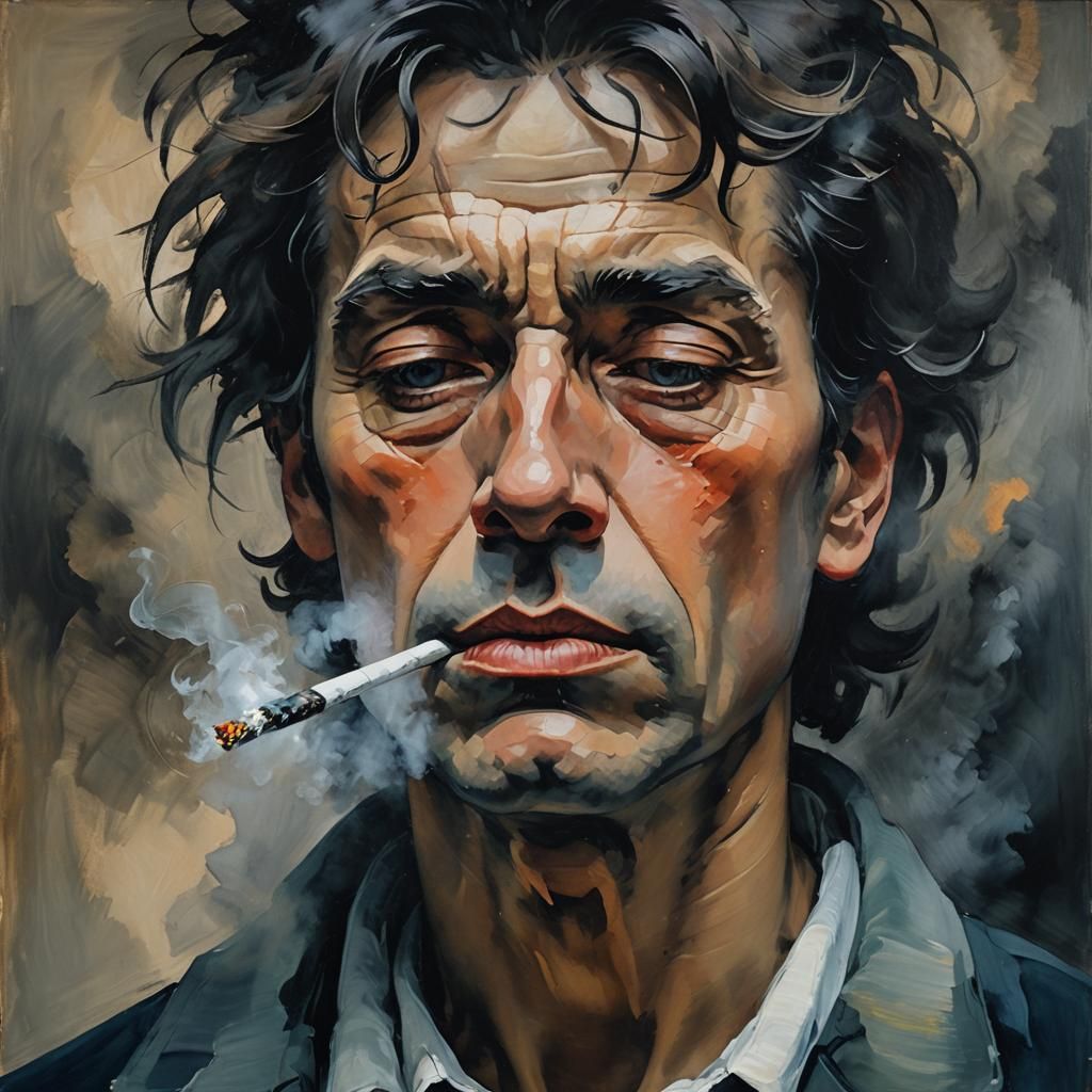 Expressionist Portrait of a Smoker with Moody Lighting