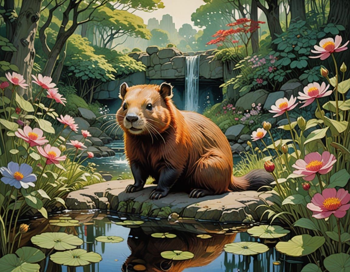 Whimsical Hot Spring Scene in Dreamlike Colors