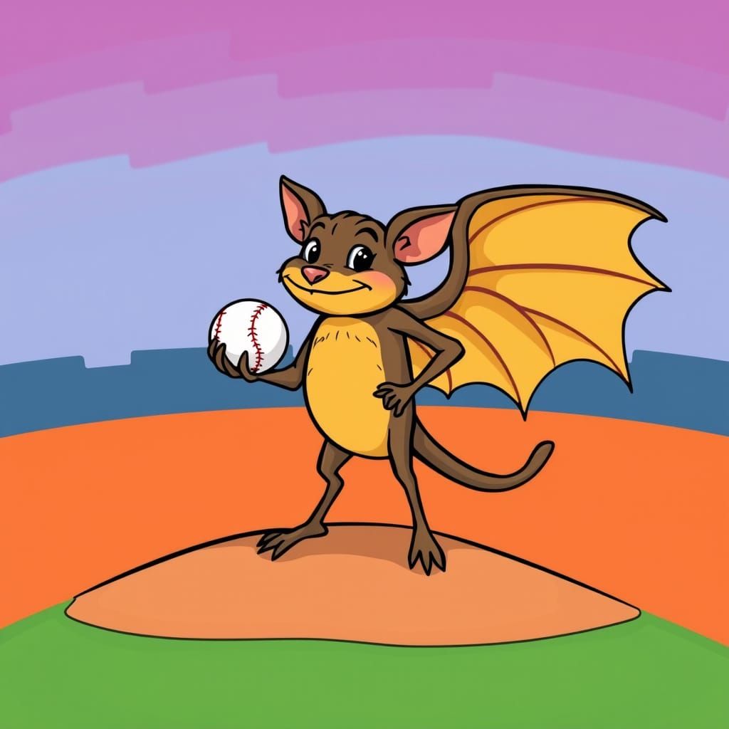 Cartoon Baseball Bat Character on Mound
