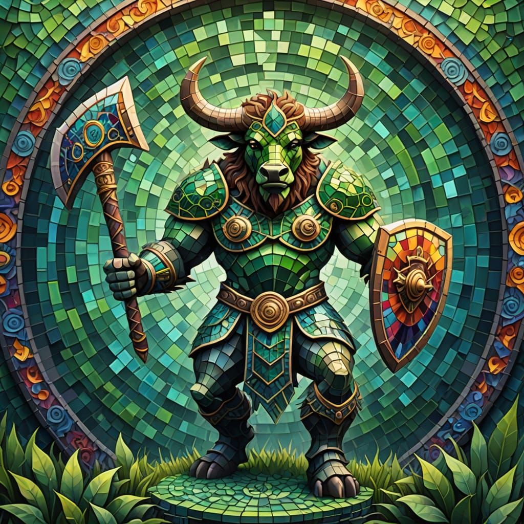 Mystical Minotaur in Vibrant Mosaic Labyrinth