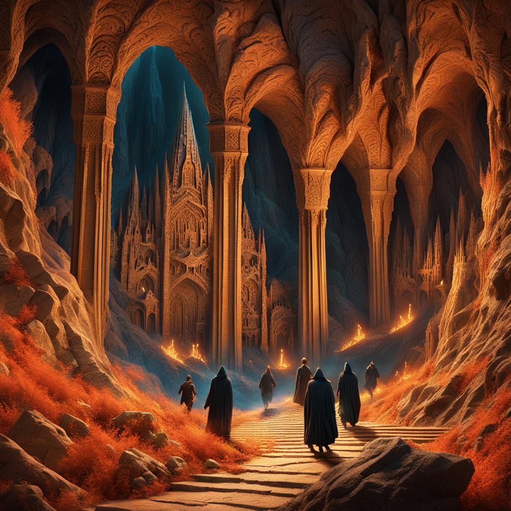 Epic Gothic Cathedral Cave Pursuit in Opulent Detail