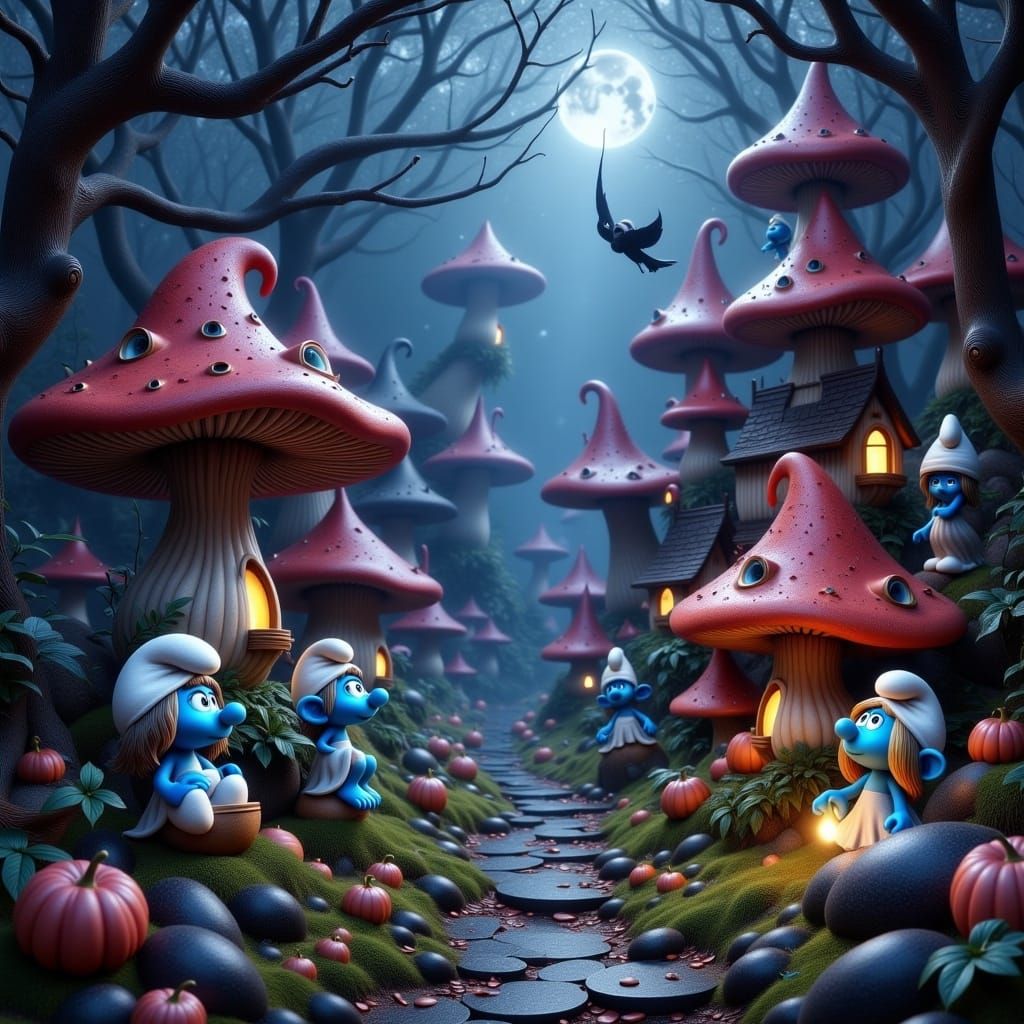 <lora:Winged Creatures:1.0> the Smurfs with Halloween-themed Demeanors and a female Smurf dressed as witch. In an enchan...