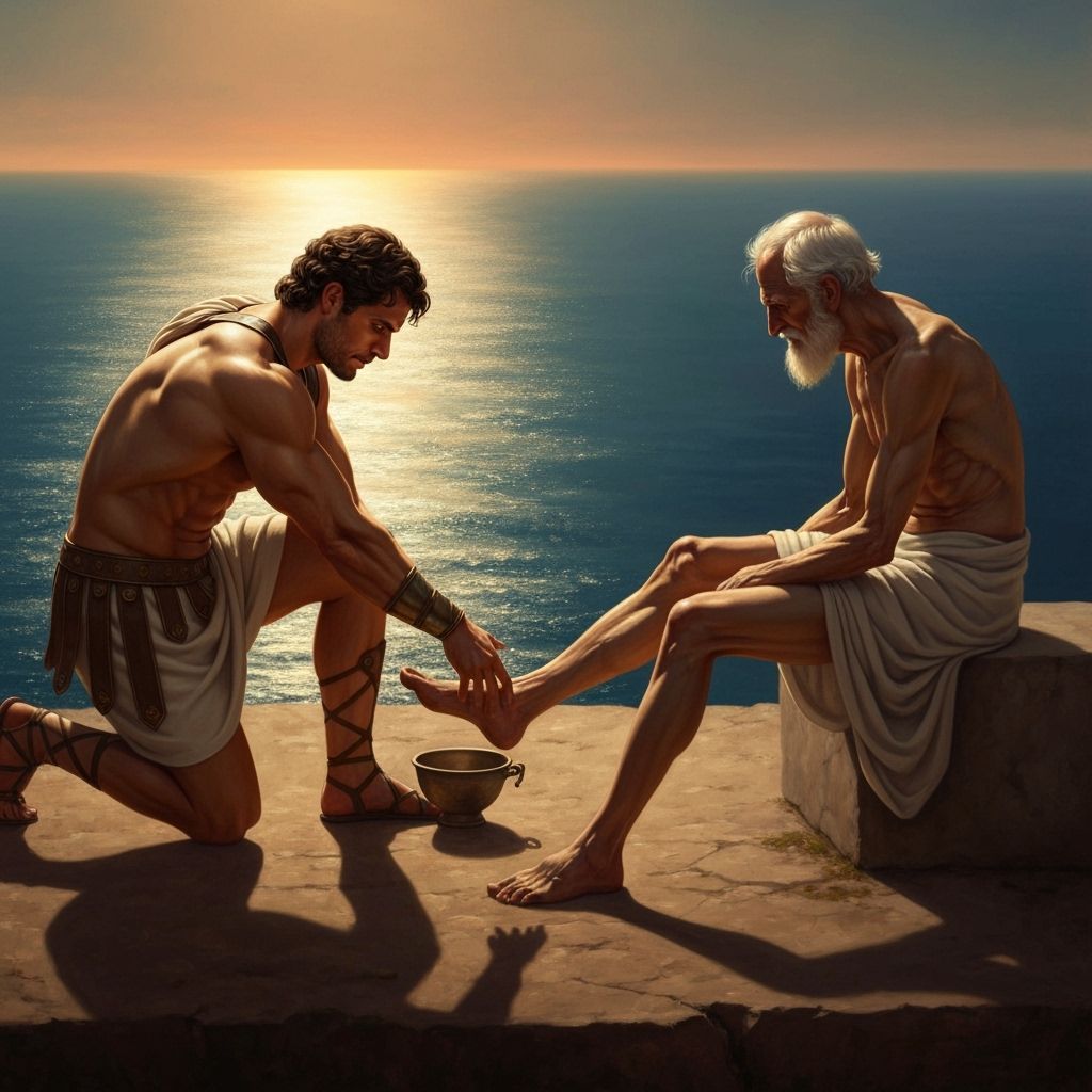 Heroic Theseus Washes Sciron's Feet in Dramatic Oil Painting