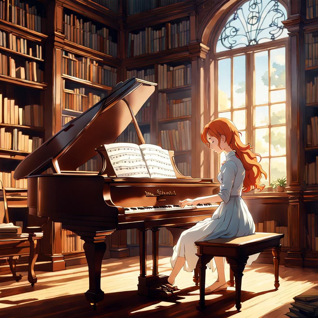 Redhead Pianist in Ghibli-Inspired Victorian Library
