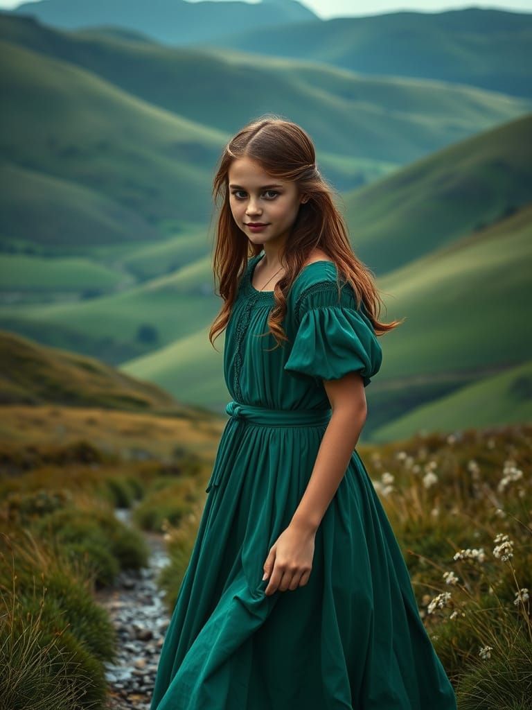 Irish Girl in Emerald Dress: Pre-Raphaelite Style