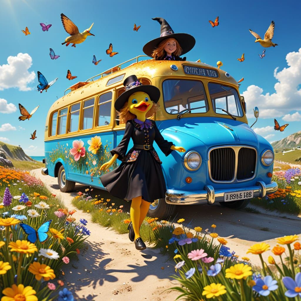 Whimsical Witch Bus Driver in Sunny Meadow, 3D