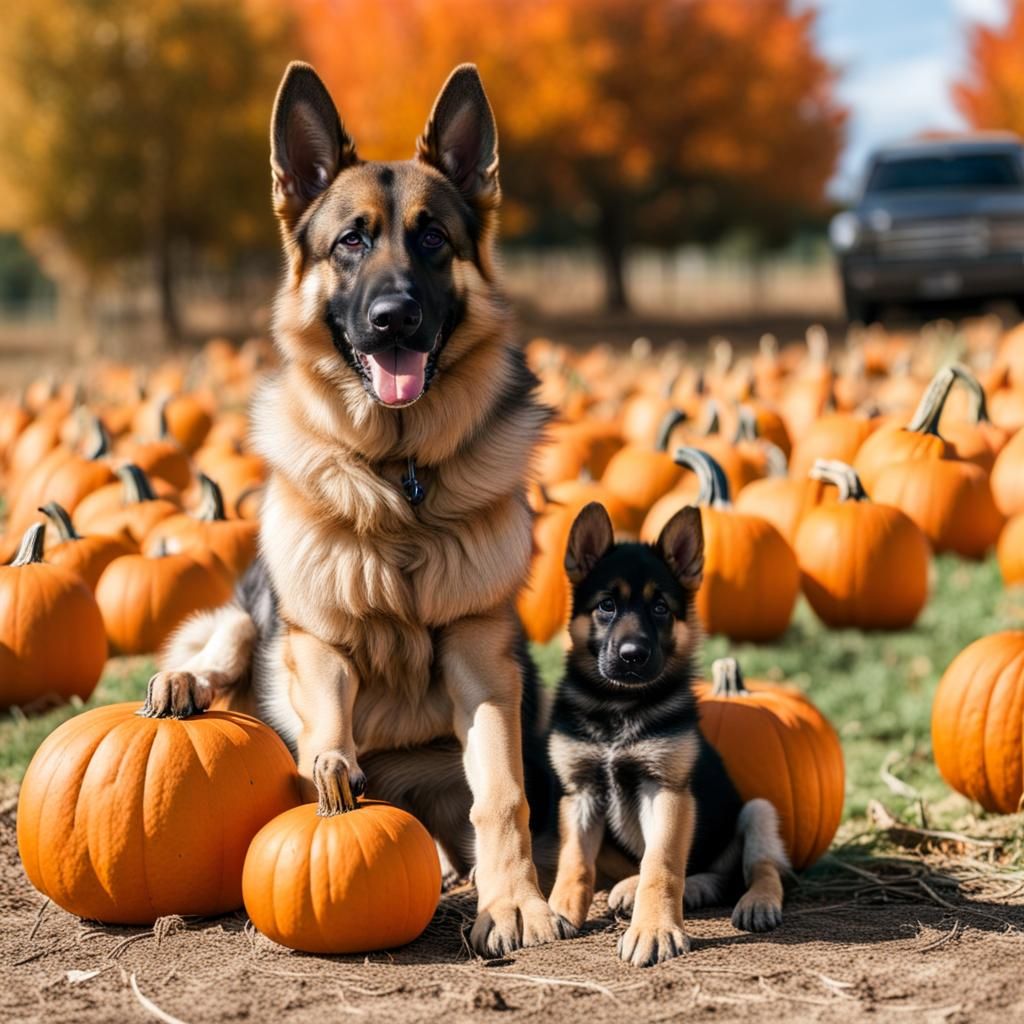 German Shepherds Play in Pumpkin Patch