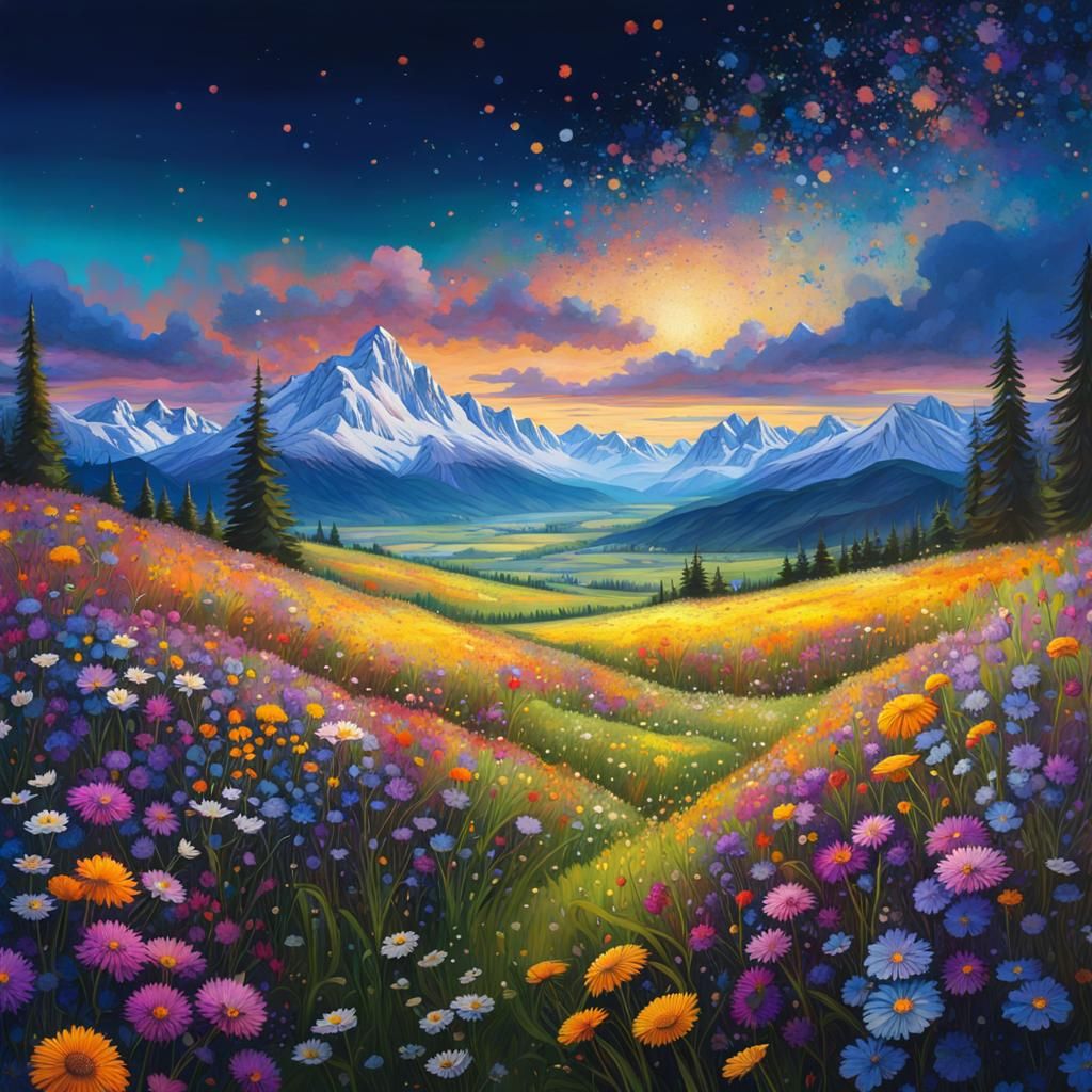 Wildflower Meadow and Snowy Mountains, Klimt Style