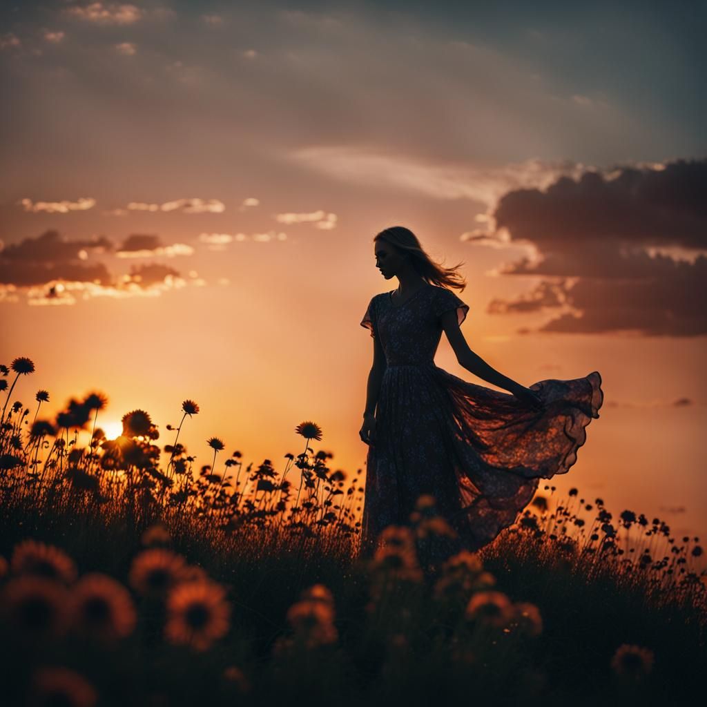 Sunset Silhouette on Flowered Hill: Cinematic Still