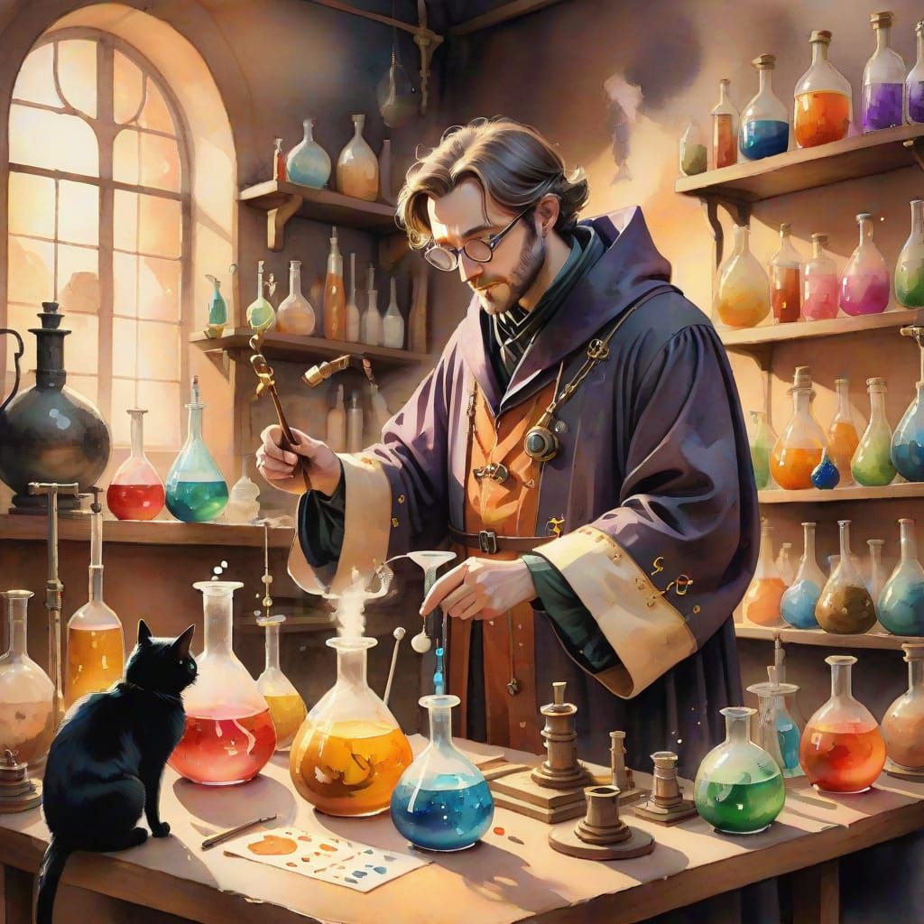 Alchemist and Black Cat in Watercolor Art