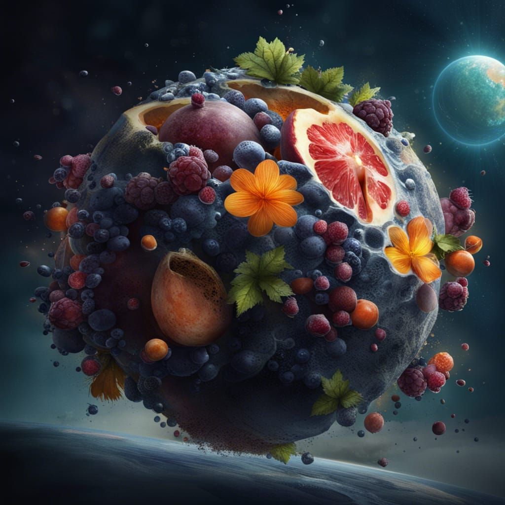 Fruit Vase Orbit Explosion in Space, Detailed Matte Painting