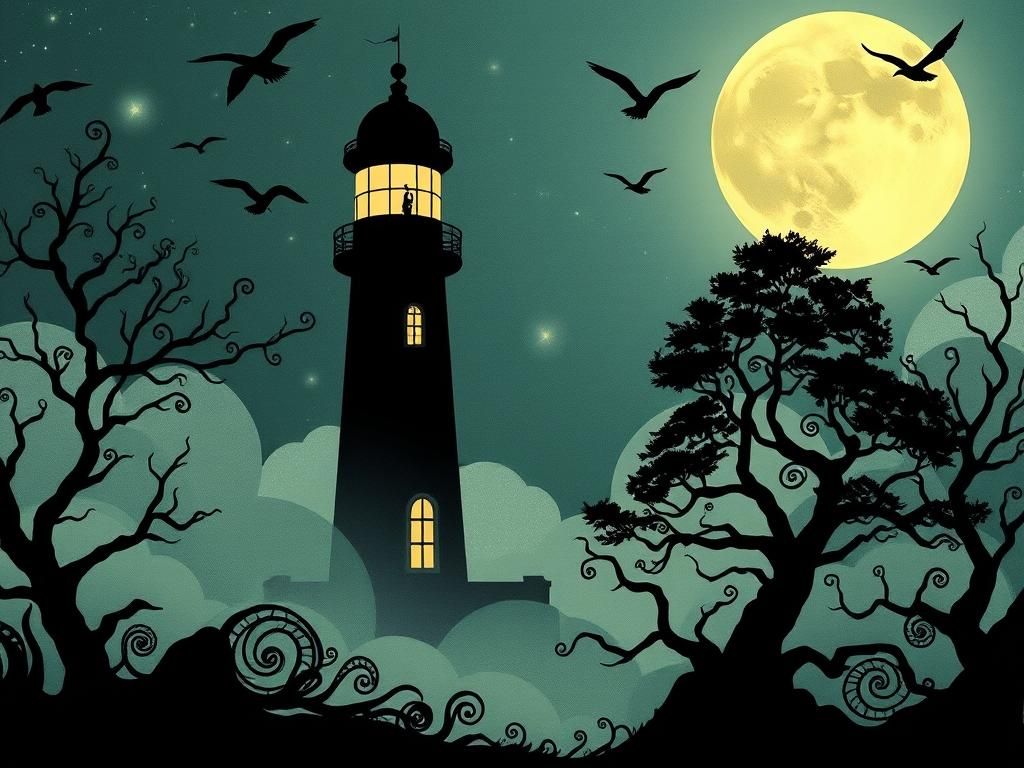 Mystical Lighthouse Keeper in Ethereal Art Nouveau Scene