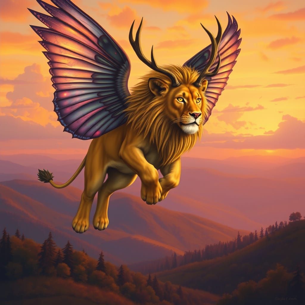 Winged Lion Soaring Through Twilight Sky