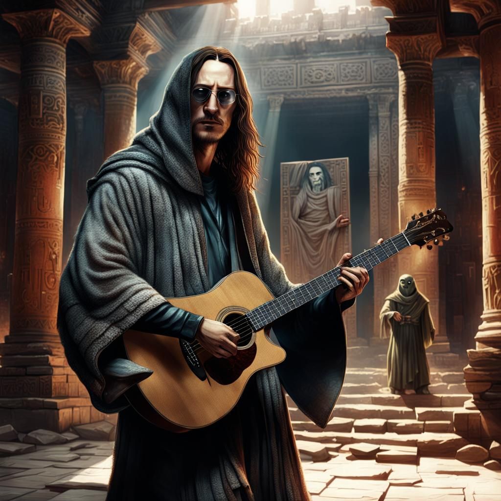 Geddy Lee-like Musician in Ancient Temple, Concept Art