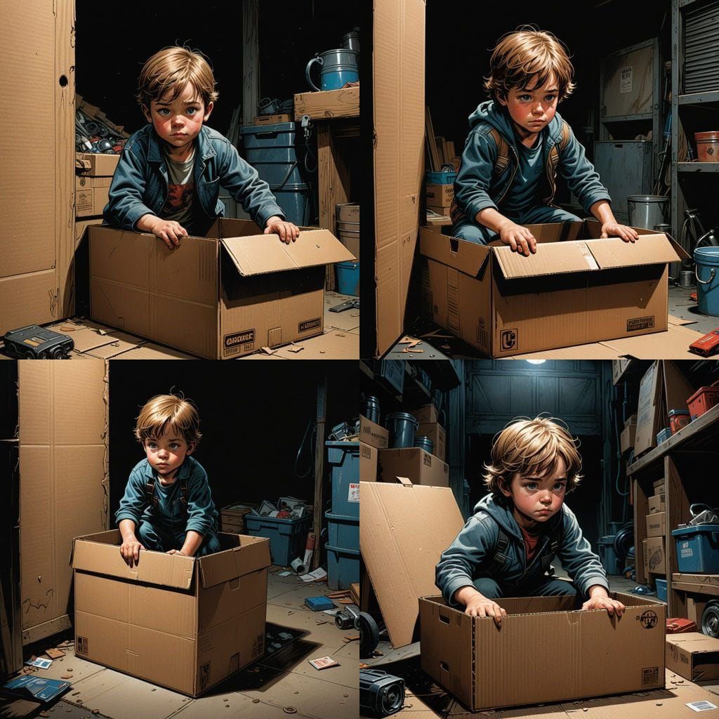 Child Peering Into Box: Comic Book Art