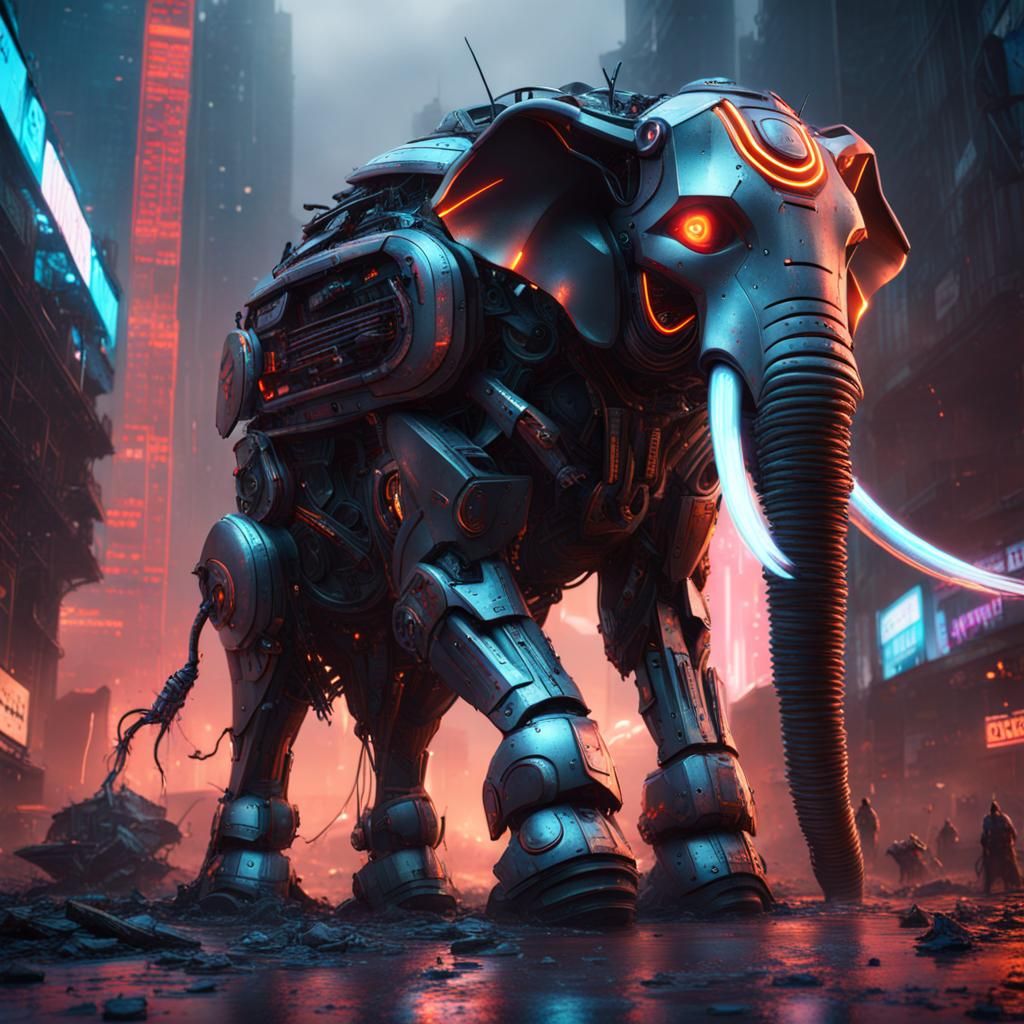 Robot Elephant Armor in Destroyed Neon City