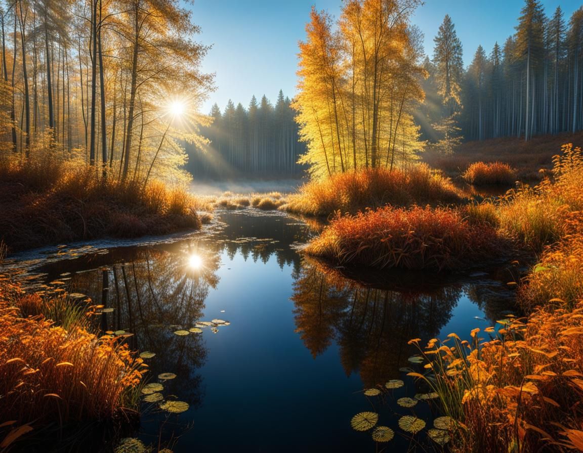 Frosty Pond in Autumn Forest: Cinematic Morning