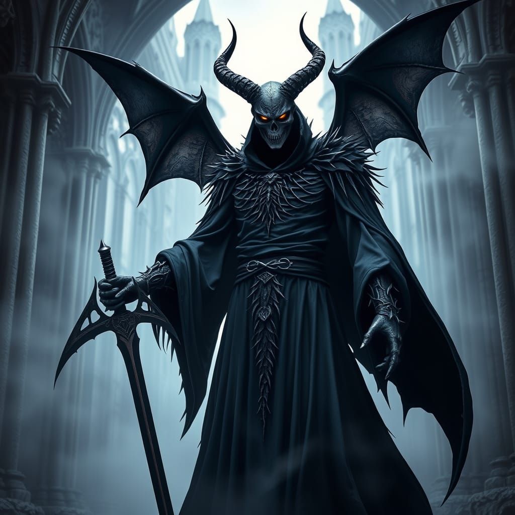 Menacing Horned Figure in Gothic Setting