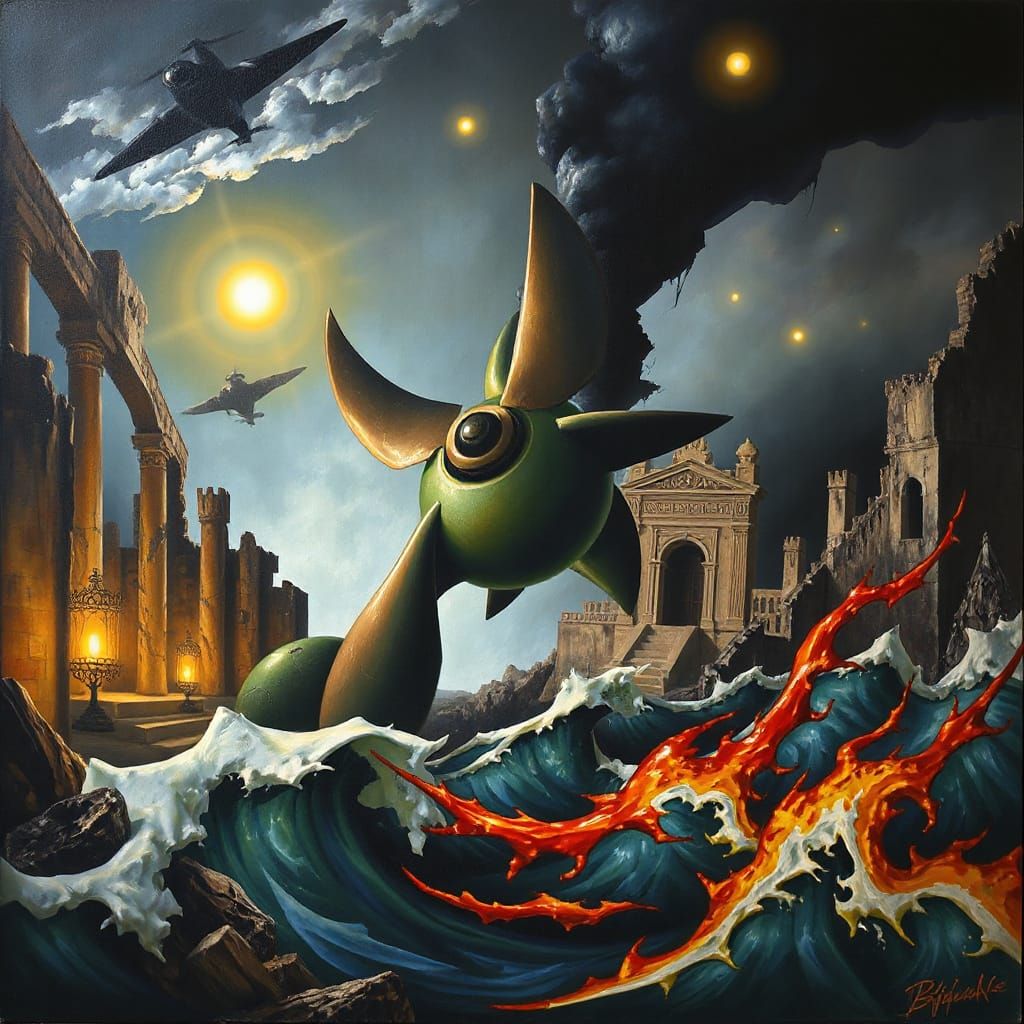 Surreal Propeller Crumbles World in Oil Painting