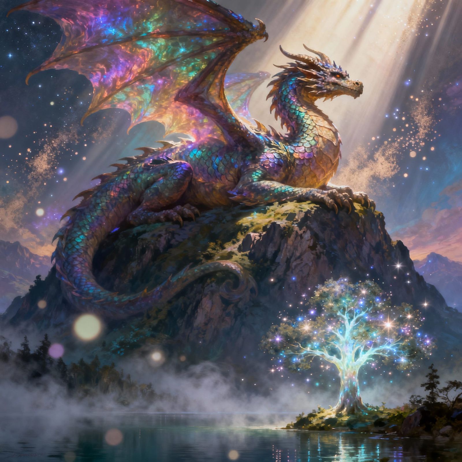 Ancient Dragon Rests in Ethereal Mountain Landscape