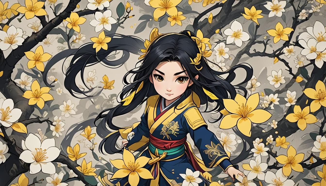 Chibi Mulan with Plumeria Flowers in Anime Style