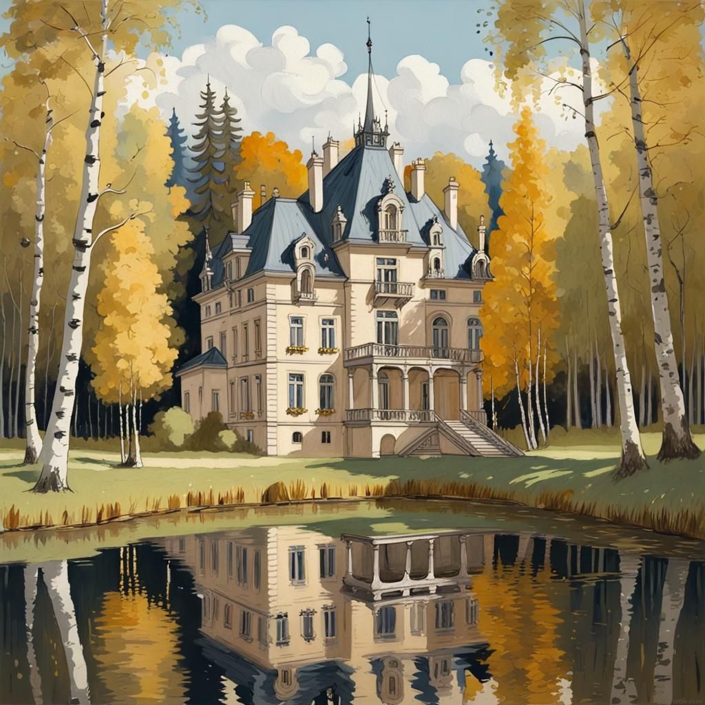 Fairytale Chateau by Lake in Klimt Style