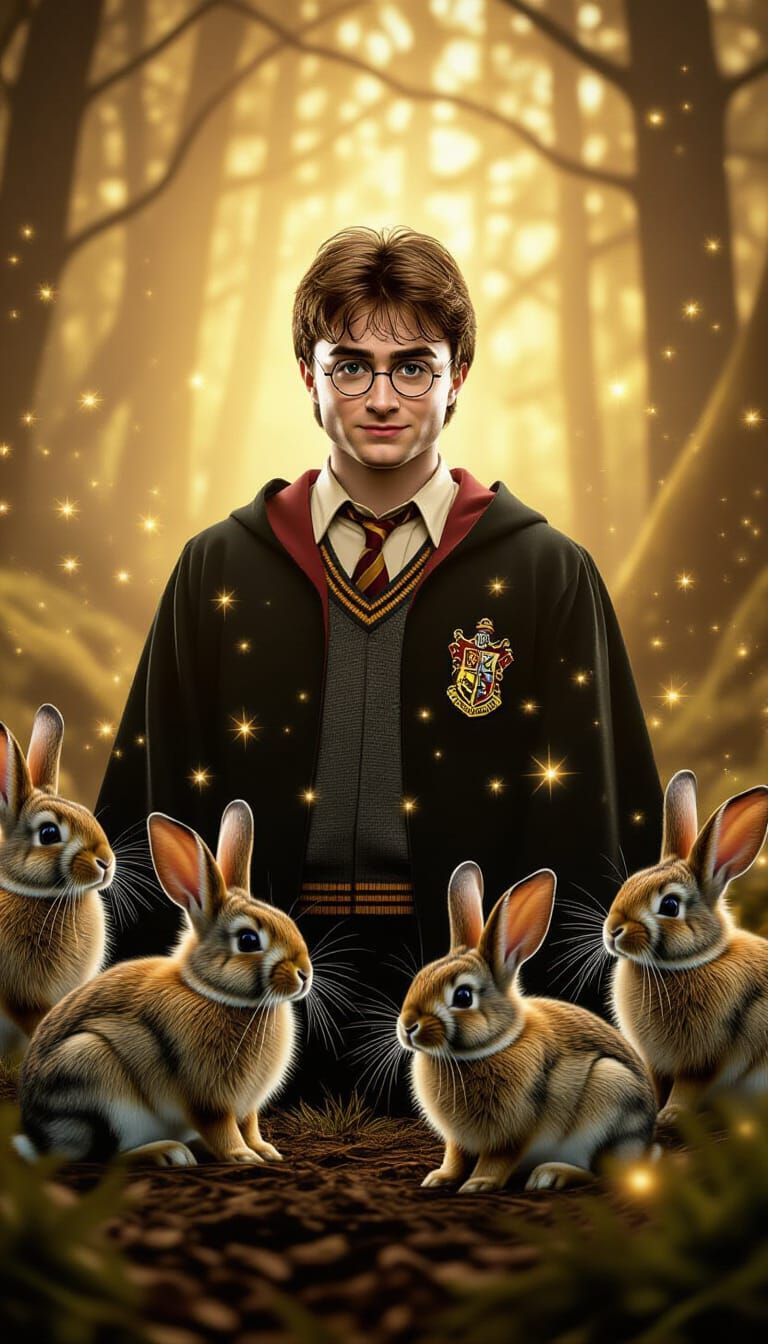 Harry Potter in Enchanted Forest with Rabbits