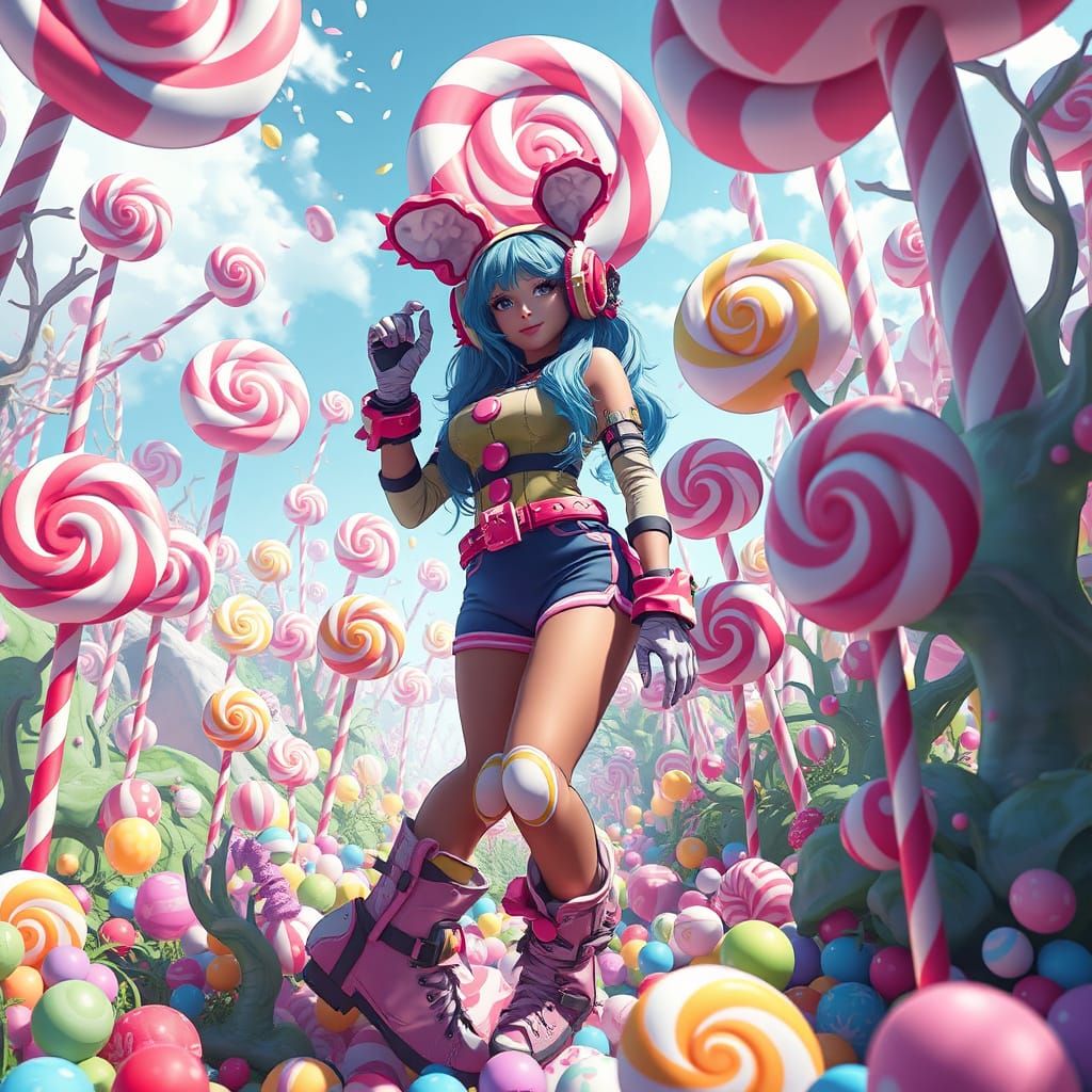 Vibrant Cosplayer in a Whimsical Candyland Wonderland