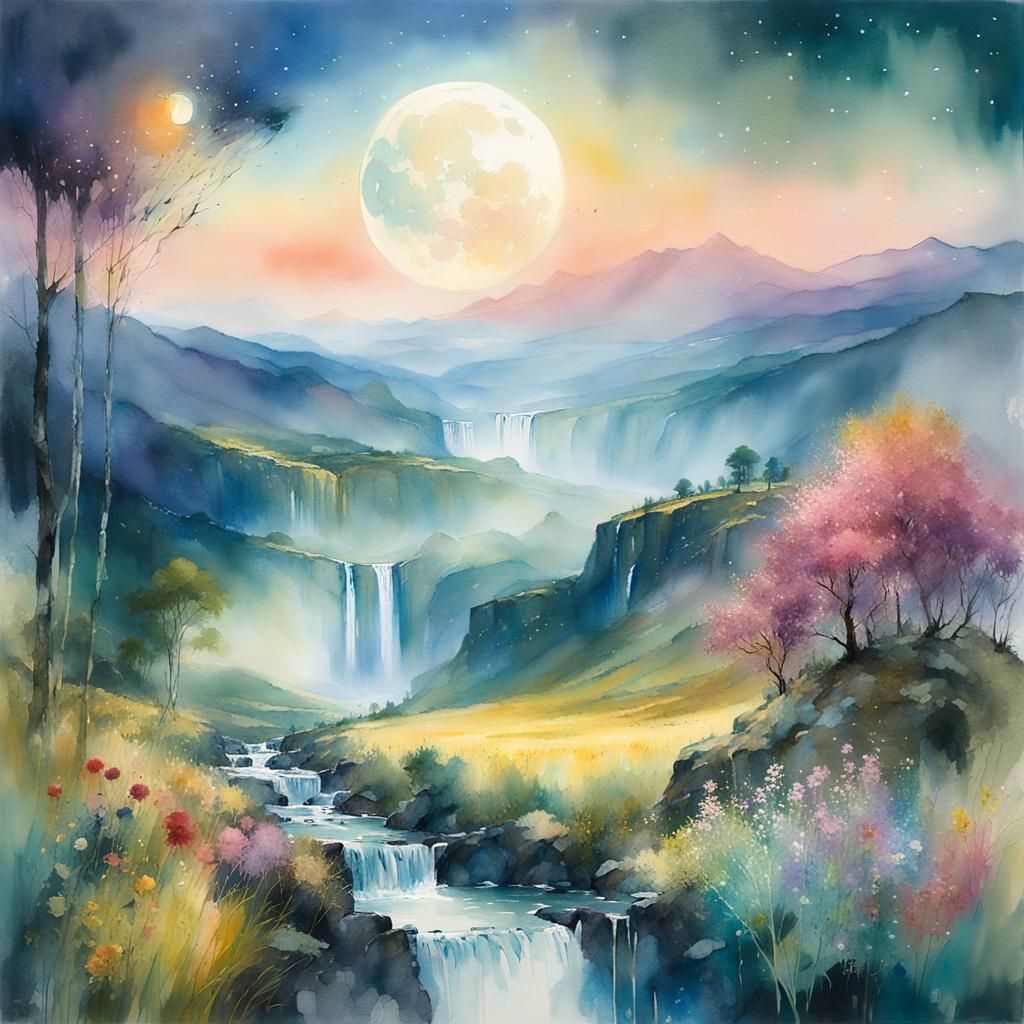 Surreal Watercolor Landscape Captures Moonrise in Breathtaki...