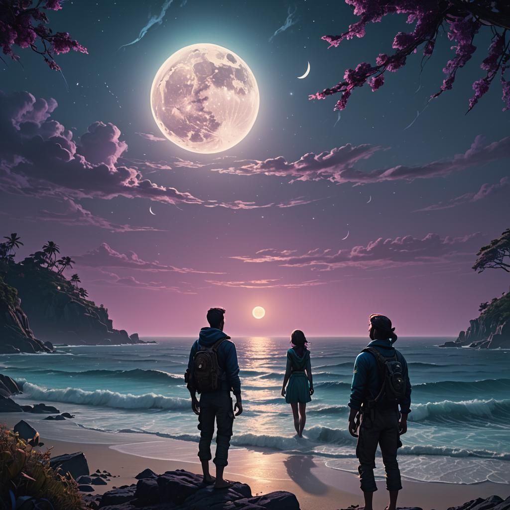 Bioluminescent Ocean Reflecting Moon: Fantasy Concept Art