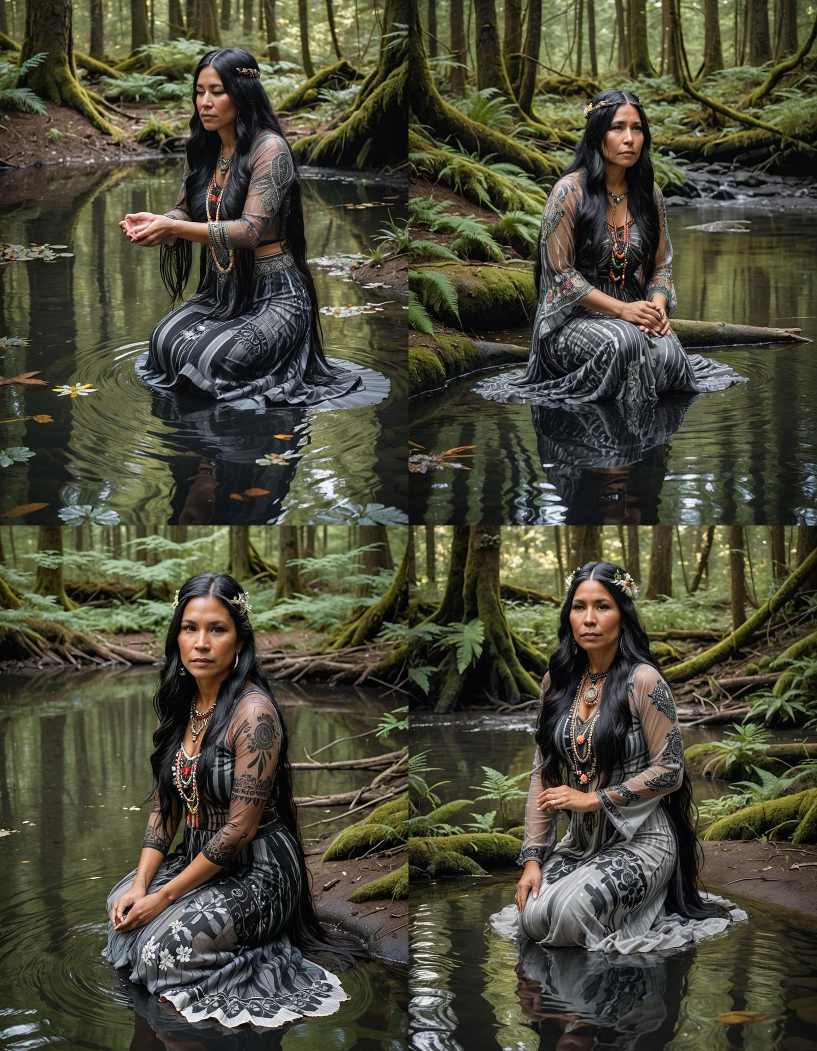 Salish Woman in Forest Pool with Traditional Dress