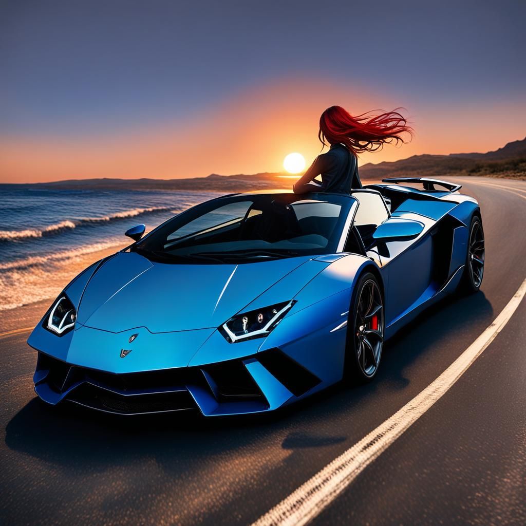 Redhead Drives Blue Lamborghini into Sunset