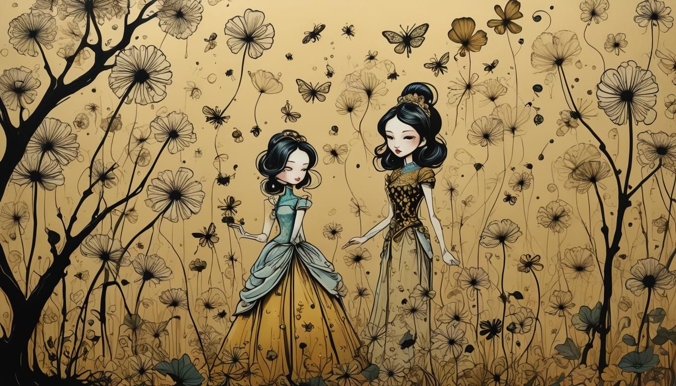 Chibi Disney Princesses in a Surreal Gold Landscape