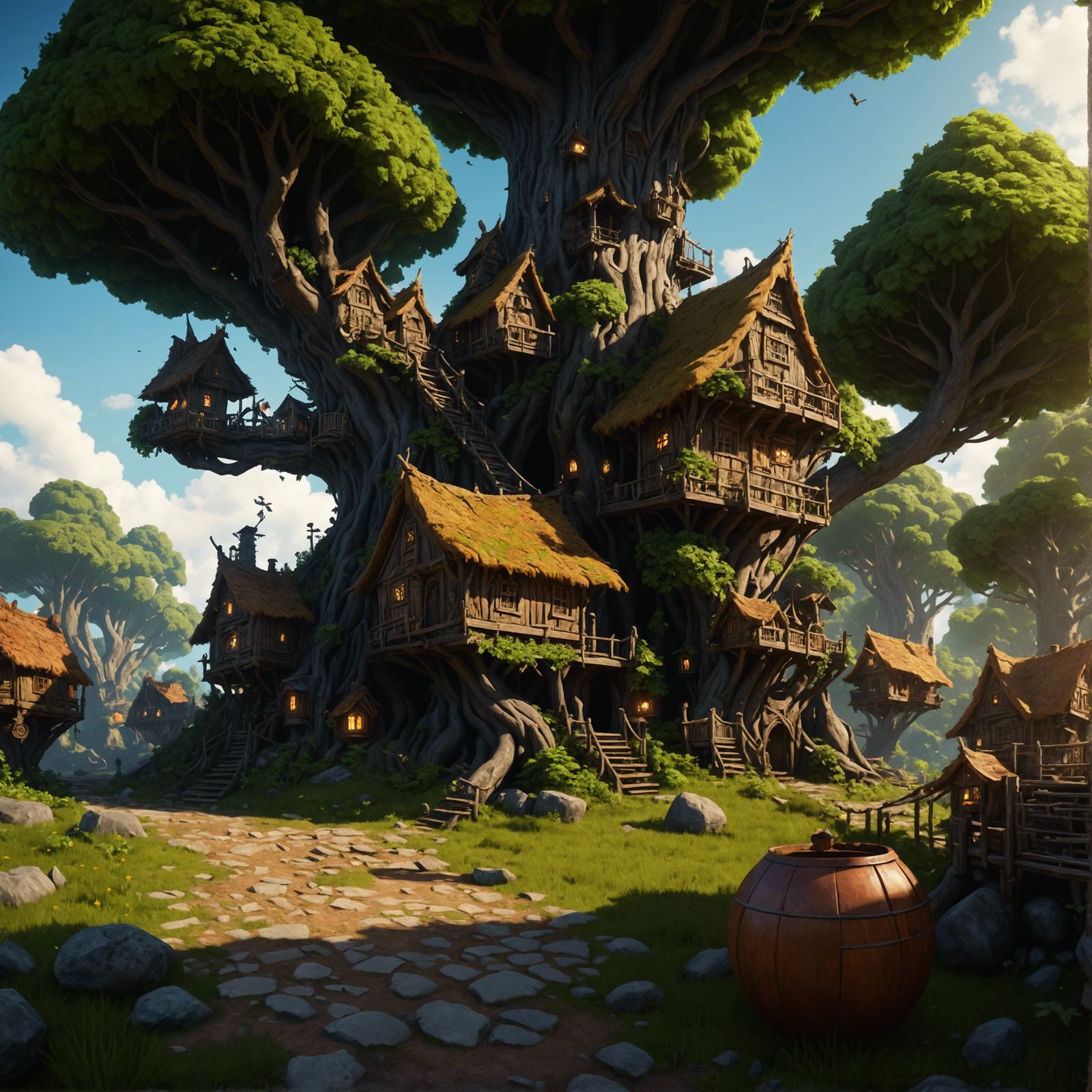 Fantasy Treehouse Village in Apple Orchard, Detailed Matte P...