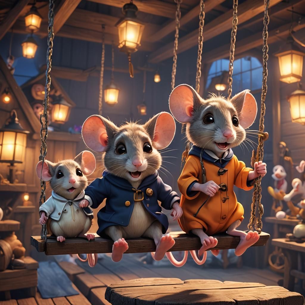 Cartoon Mice on a Swing in 3D Caricature Style