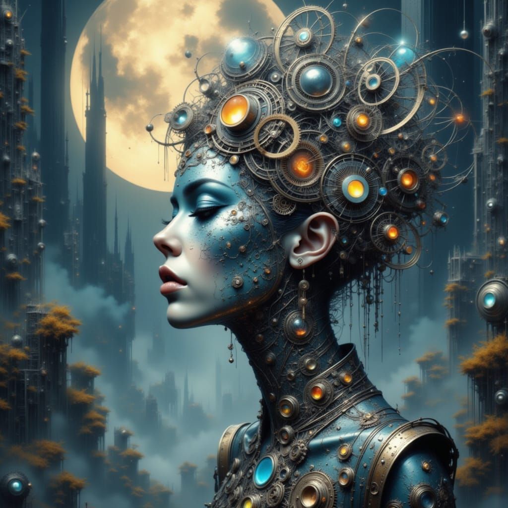 Celestial Automaton Reflecting Fractal Landscape in Moonligh...