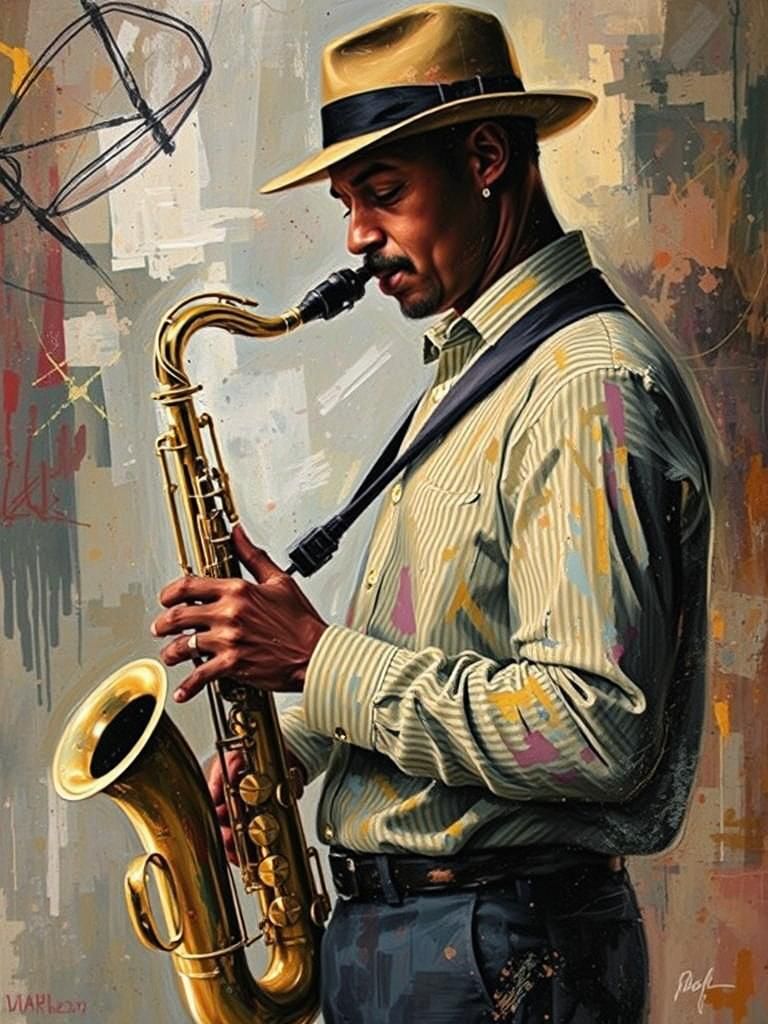 A saxophone-wielding jazz musician in a dynamic pose, set ag...