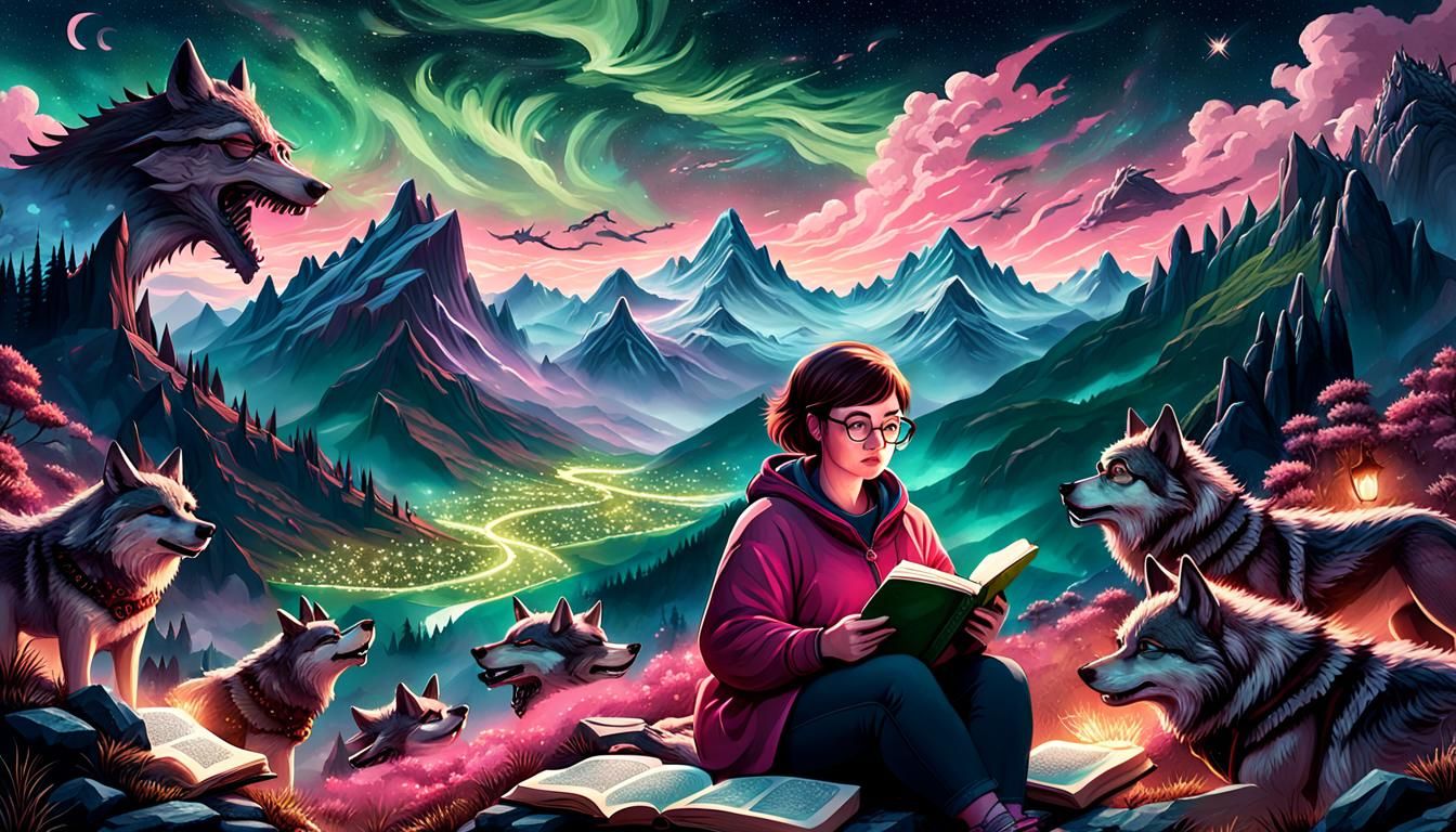 Woman Reading Book with Wolves and Dragons