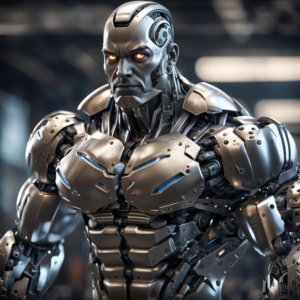 Photorealistic Male Robot Bodybuilder in Laboratory