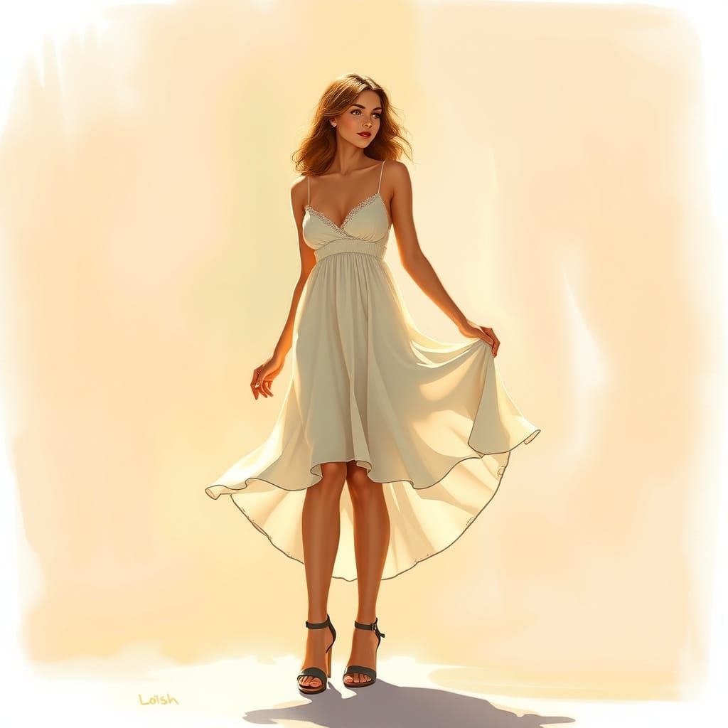 Woman in Summer Dress Art Nouveau Style