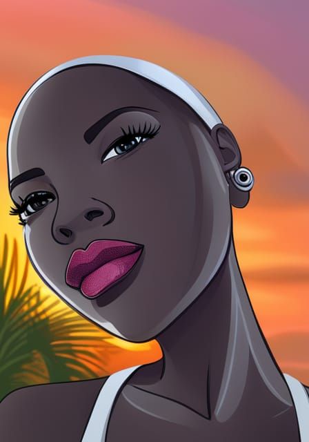 Elegant African Woman in White Dress, Tropical Setting