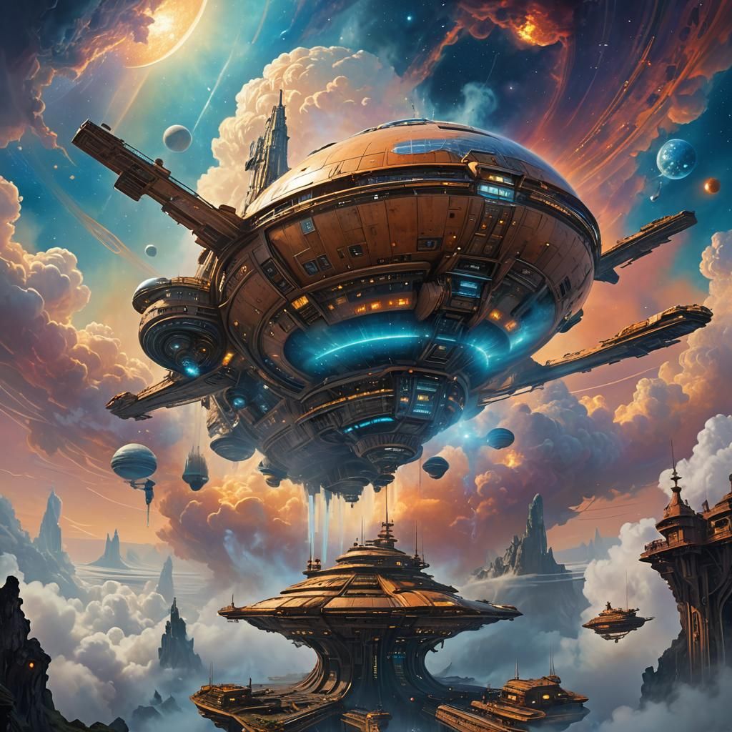 Spaceship Orbits Gas Giant in Dreamscape Style