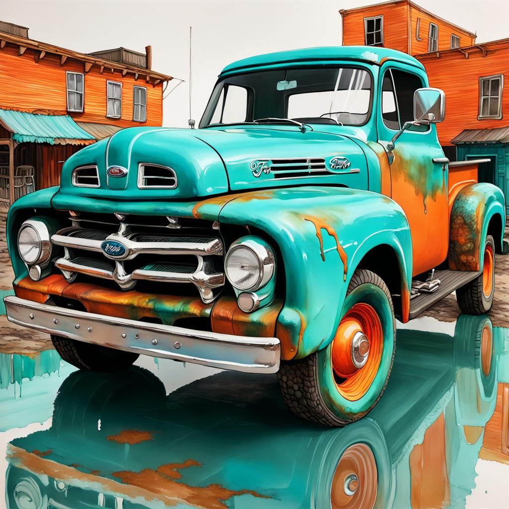 Turquoise and Orange Ford Truck in Alcohol Ink