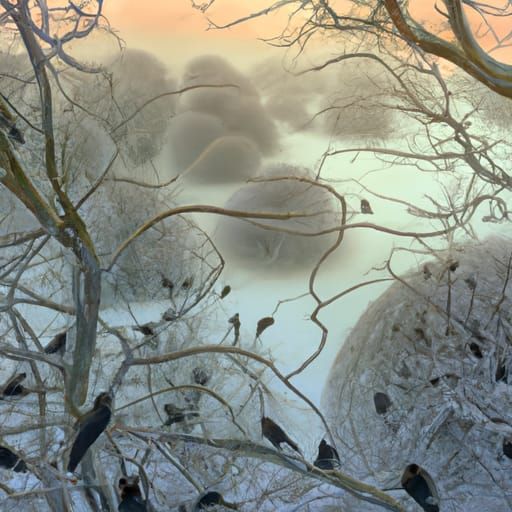 Rooks in Winter Mist: A Photorealistic Landscape