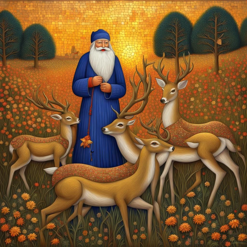 Golden Mosaic of Santa and Deer