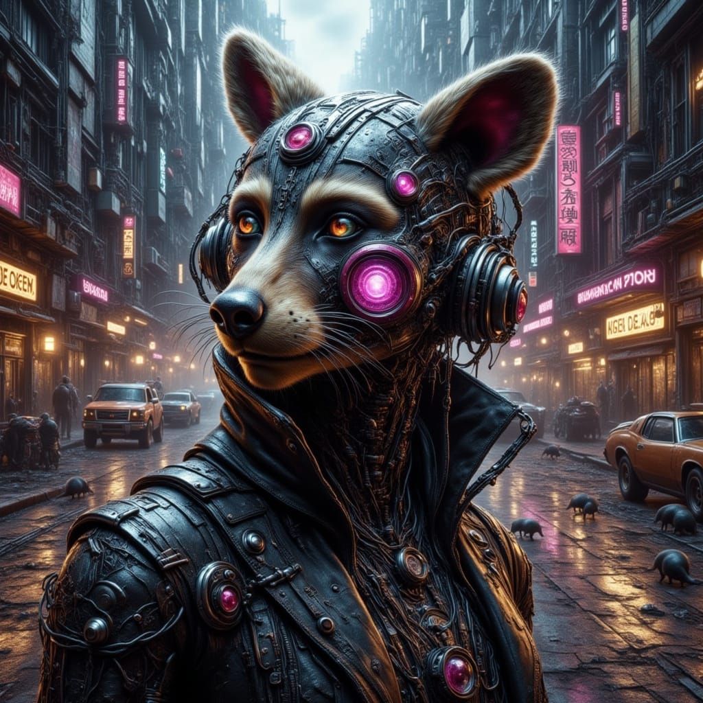 Cyberpunk Cyborg Raccoon in Dystopian Cityscape