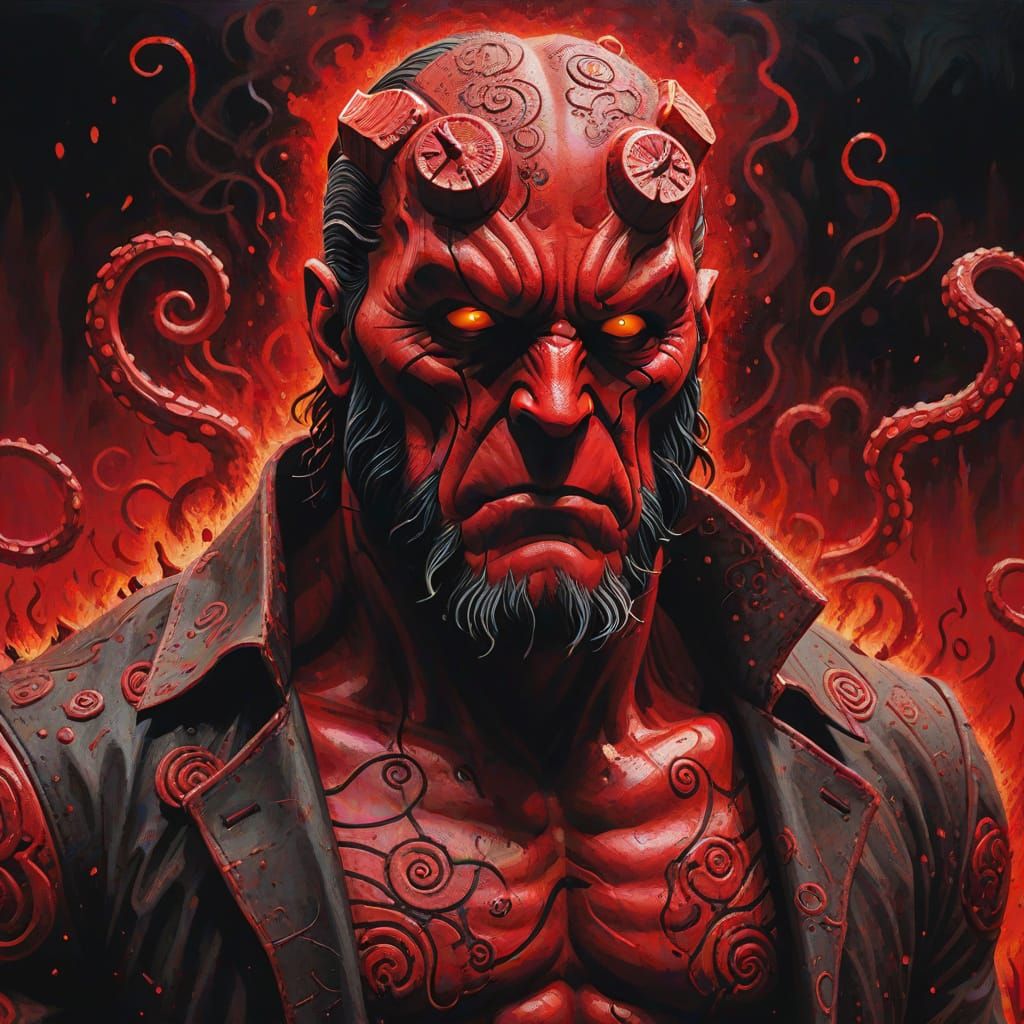 Hellboy in Red Ink Field, Dark Fantasy Oil Painting