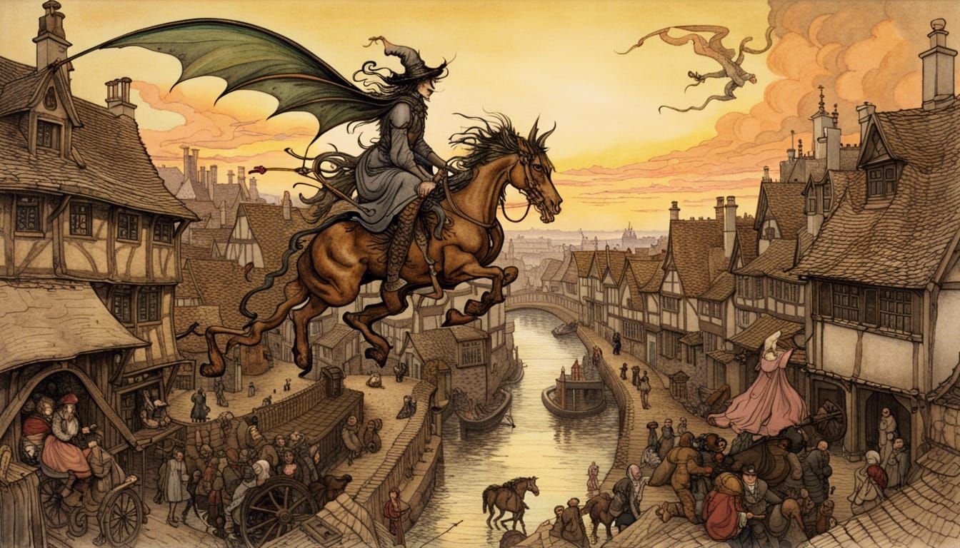 Witch on Dragon Over Medieval Village