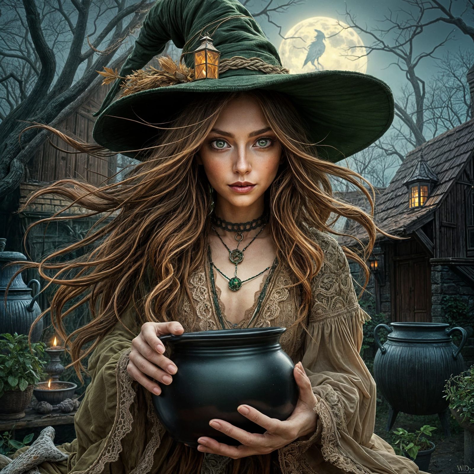 Boho Autumn Witch in Moonlight: Digital Art