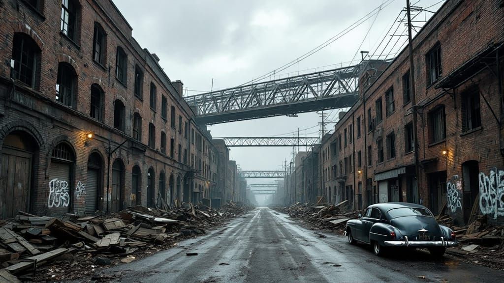 Desolate Industrial Street with Vintage Car in Gritty Urban ...